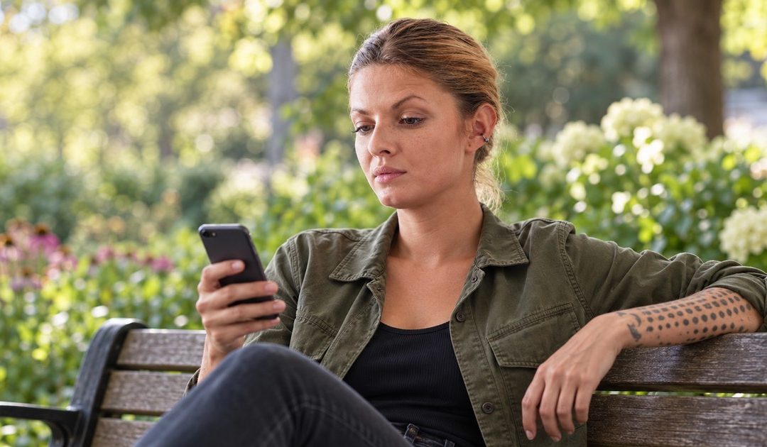 A woman in an olive casual jacket pauses on a garden bench and considers a message on a small dark phone, holding it loosely in her right hand.