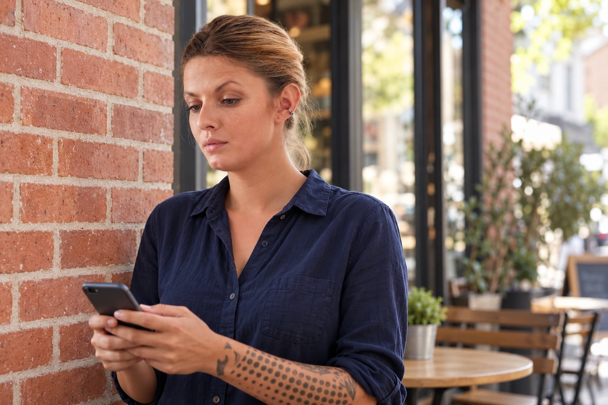 Woman pausing to review her phone outside a neighborhood cafe